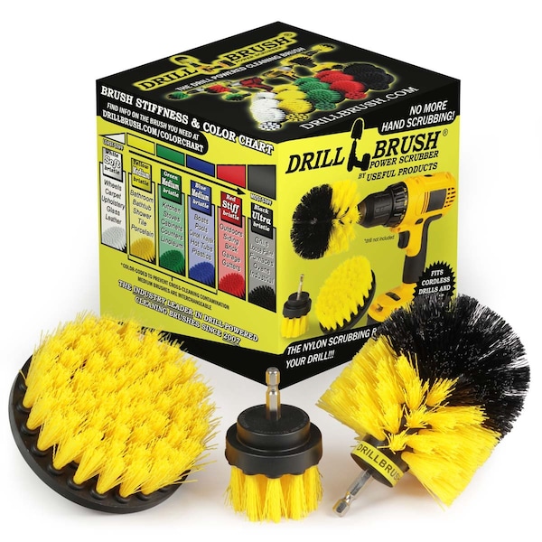 Aditamento de cepillo para taladro Drillbrush - Superficies de baño bañera, regadera, azulejos y lechada - AMARILLO-ORIG-YEL-2-4-LIM-SHORT