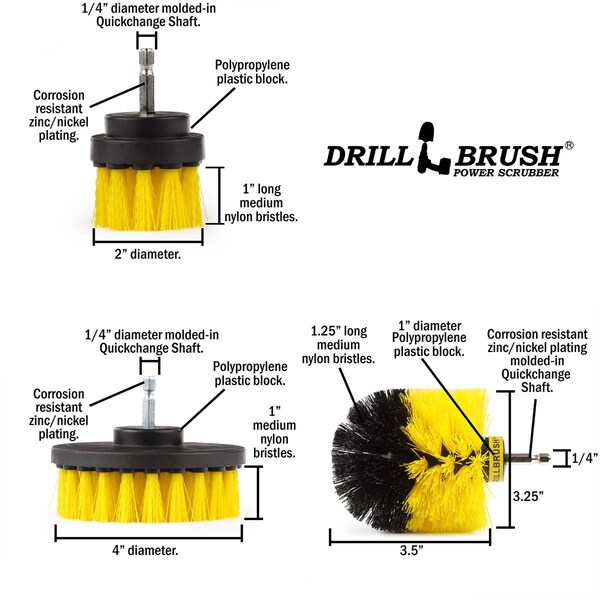Aditamento de cepillo para taladro Drillbrush - Superficies de baño bañera, regadera, azulejos y lechada - AMARILLO-ORIG-YEL-2-4-LIM-SHORT