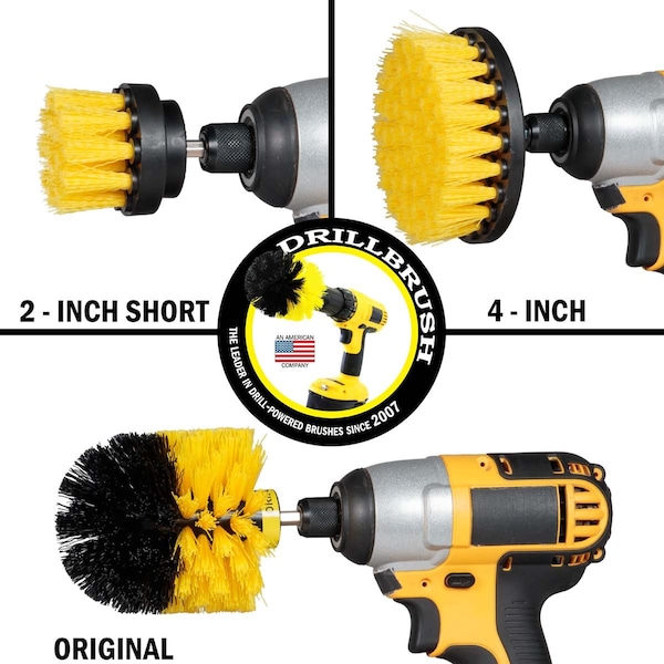 Aditamento de cepillo para taladro Drillbrush - Superficies de baño bañera, regadera, azulejos y lechada - AMARILLO-ORIG-YEL-2-4-LIM-SHORT