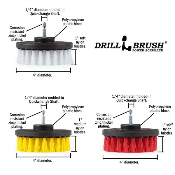 Suministros de limpieza Drillbrush: Cepillo para taladro - Cepillo para fregar suave, medio y rígido - 4IN-LIM-SHORT-WH-YEL-RD