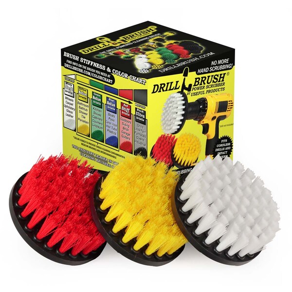 Suministros de limpieza Drillbrush: Cepillo para taladro - Cepillo para fregar suave, medio y rígido - 4IN-LIM-SHORT-WH-YEL-RD