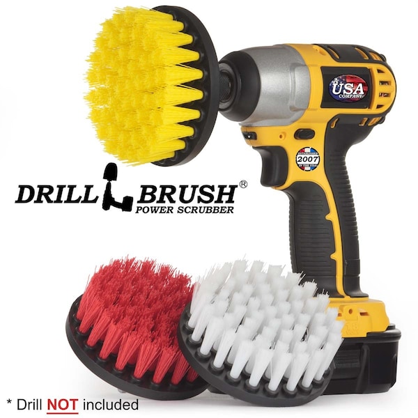 Suministros de limpieza Drillbrush: Cepillo para taladro - Cepillo para fregar suave, medio y rígido - 4IN-LIM-SHORT-WH-YEL-RD