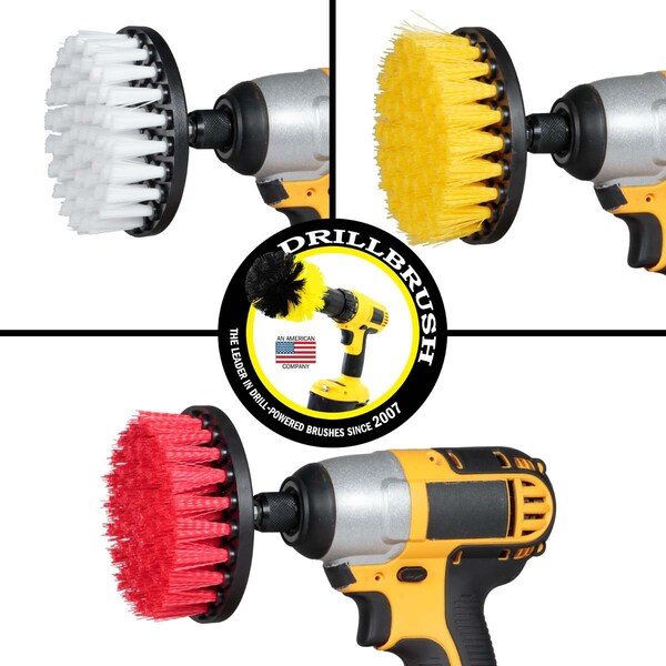 Suministros de limpieza Drillbrush: Cepillo para taladro - Cepillo para fregar suave, medio y rígido - 4IN-LIM-SHORT-WH-YEL-RD
