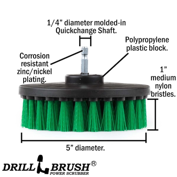 Cepillo de Taladro Power Scrubber de Useful Products 5 pulgadas de ancho y 5 pulgadas de largo, color verde - 5IN-LIM-VERDE-CORTO-QC
