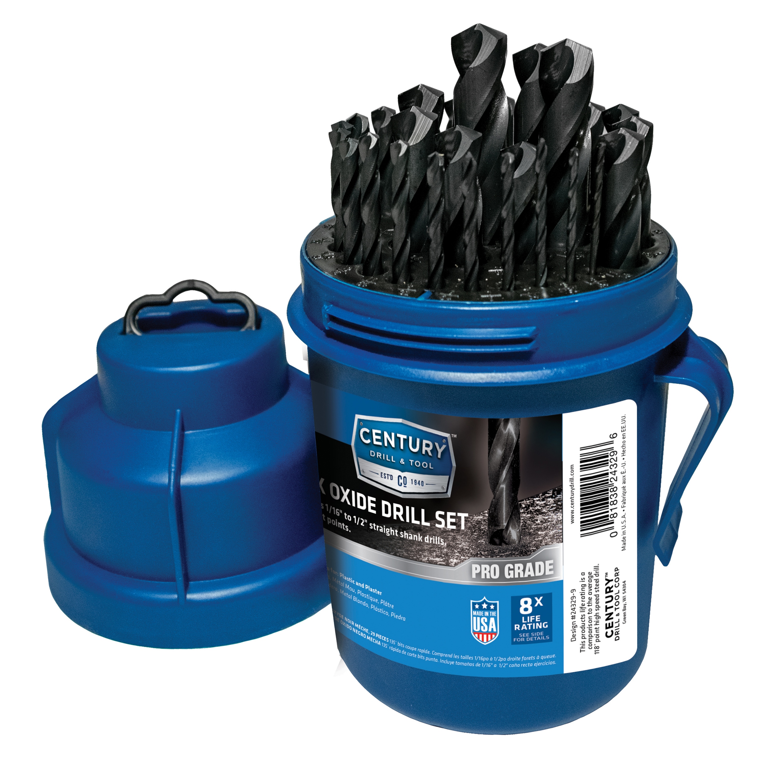 Set de 29 brocas helicoidales de acero de alta velocidad con recubrimiento de óxido negro de Century Drill & Tool - 24329