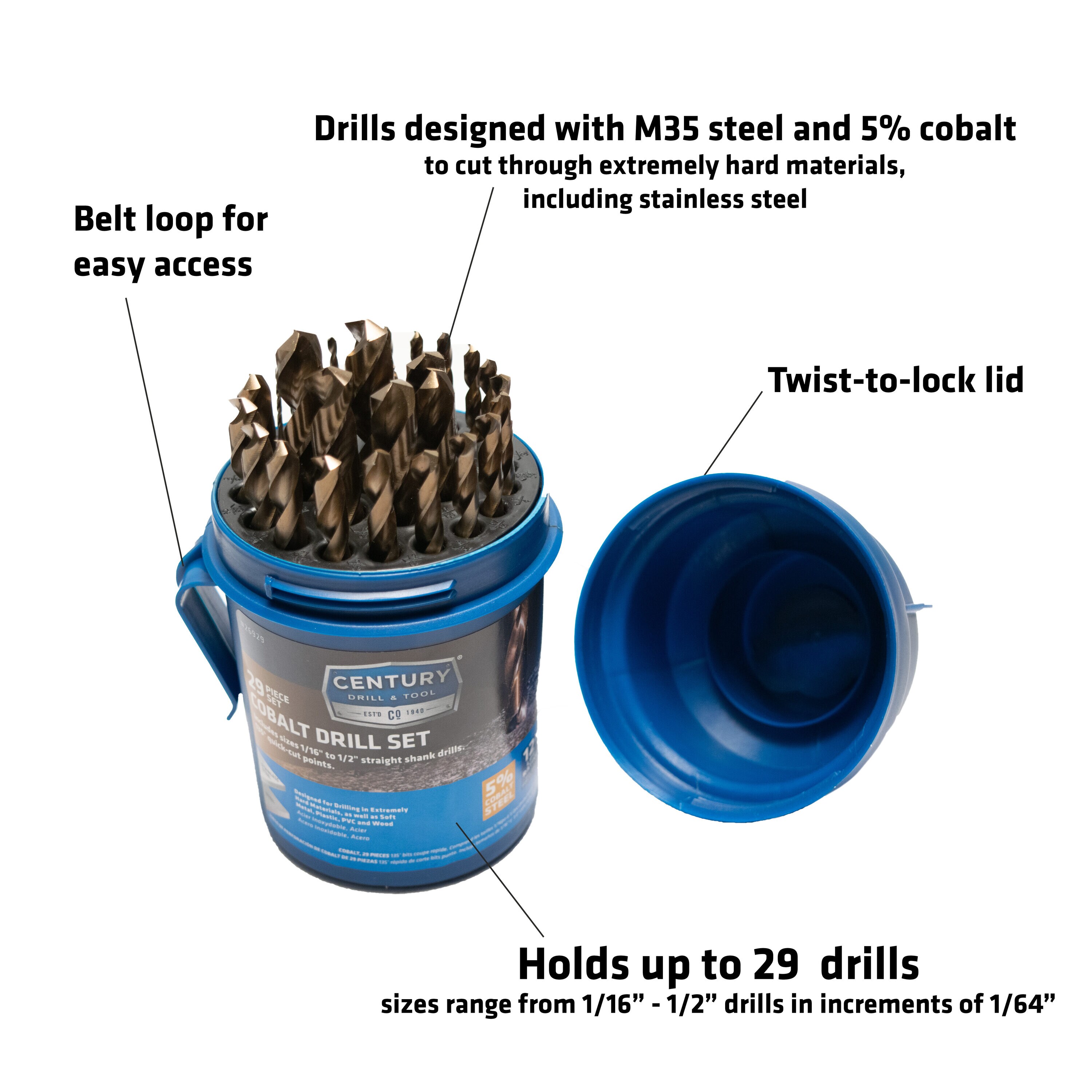 Juego de brocas helicoidales surtidas de 29 piezas de cobalto de longitud laboral 26929 de Century Drill & Tool.