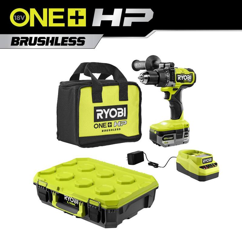 RYOBI ONE+ HP 18V Taladro percutor inalámbrico sin escobillas de 1/2 pulgadas con batería, cargador y bolsa, con caja de herramientas estándar LINK - PBLHM101K-STM101