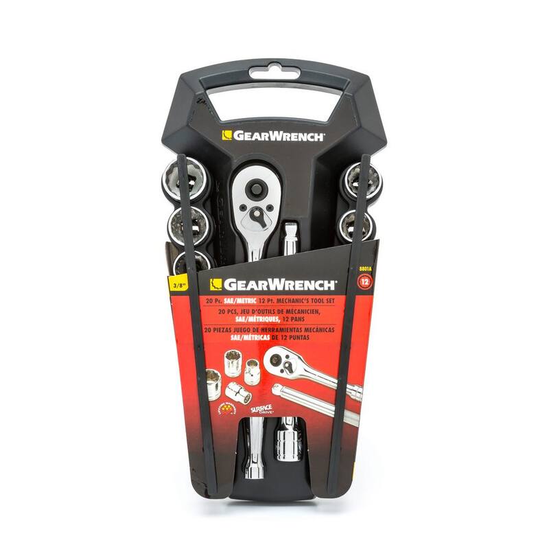 Juego de herramientas mecánicas GEARWRENCH de trinquete y dados de 3/8 pulgadas, 12 puntos, SAE/Métrico (20 piezas) - 8801A