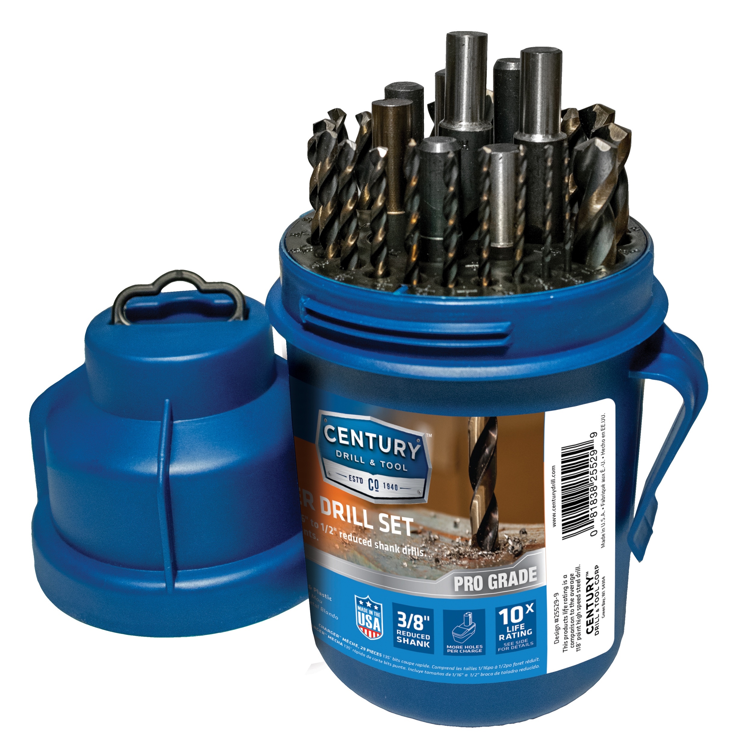 Juego de brocas helicoidales recubiertas en negro y dorado de Century Drill & Tool con 29 piezas de longitud Jobber HSS assorted. Modelo 25529.