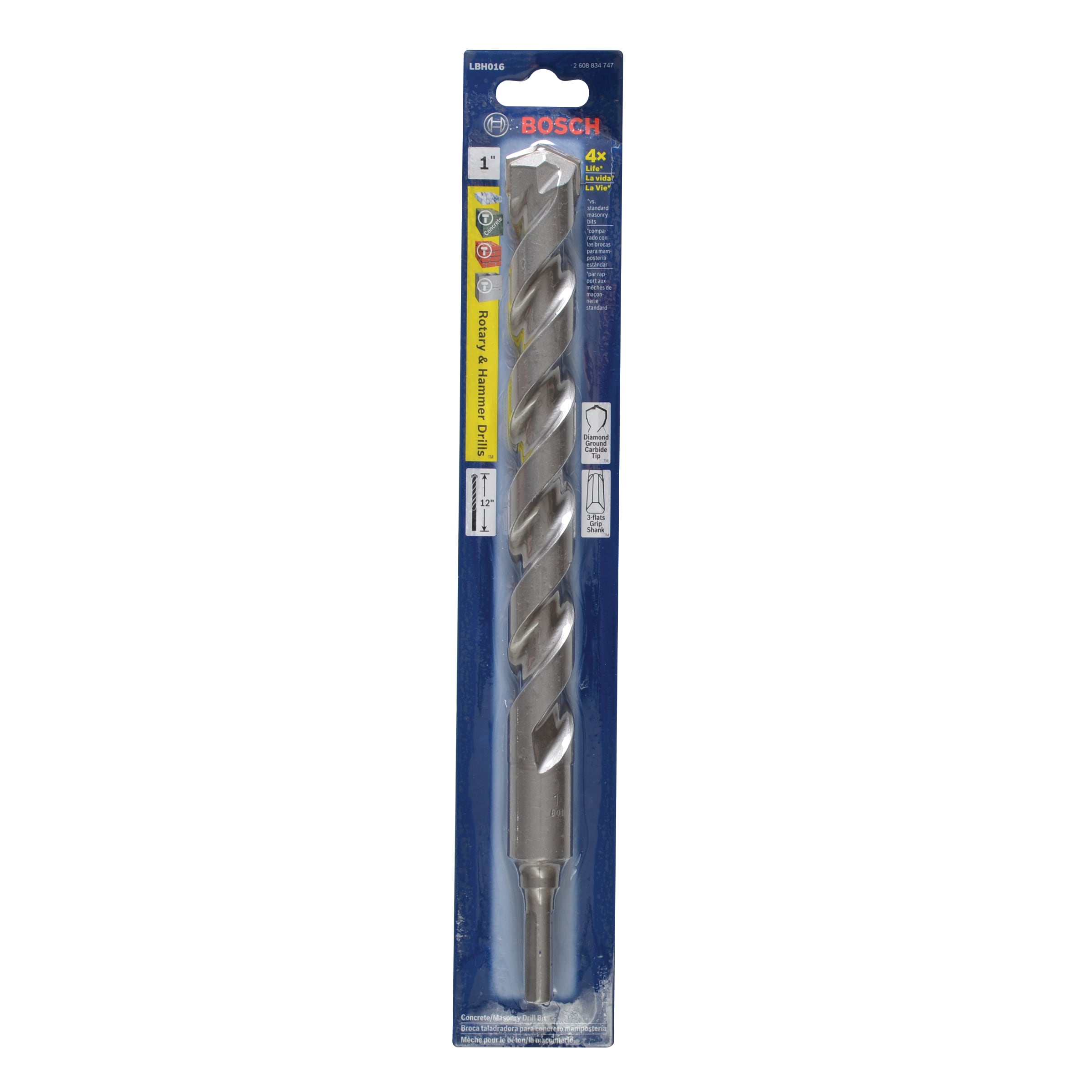 Broca para taladro percutor Bosch de acero de alta velocidad de 1 pulgada x 12 pulgadas LBH016