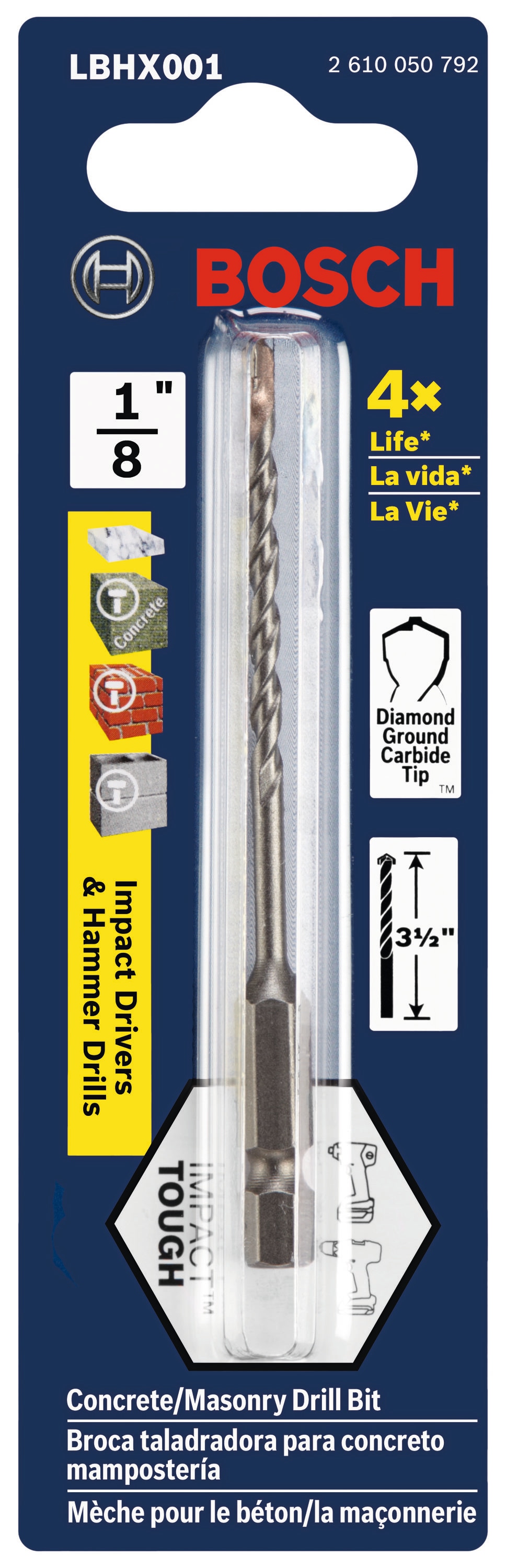 Broca para mampostería de acero de alta velocidad Bosch Impact Tough de 1/8 pulg. x 3 pulg. para martillo taladro LBHX001