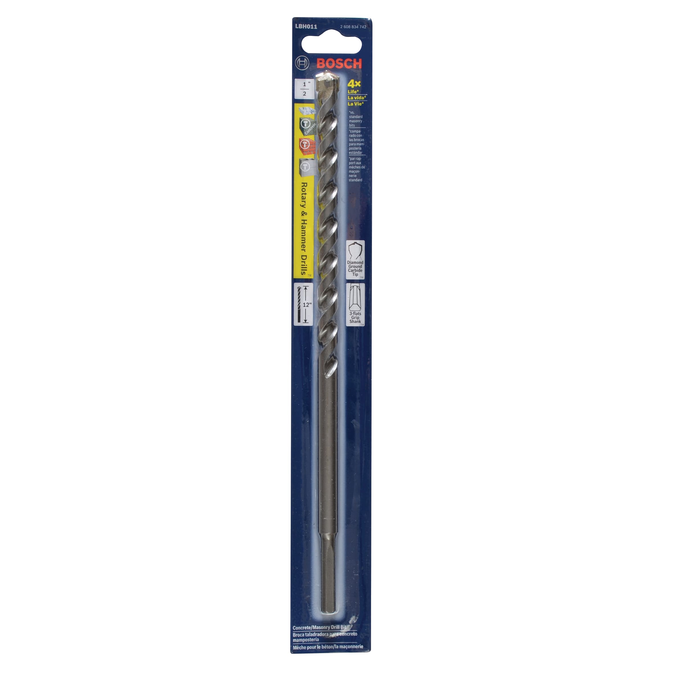 Broca para martillo Bosch de acero de alta velocidad de 1/2 pulgadas x 12 pulgadas LBH011