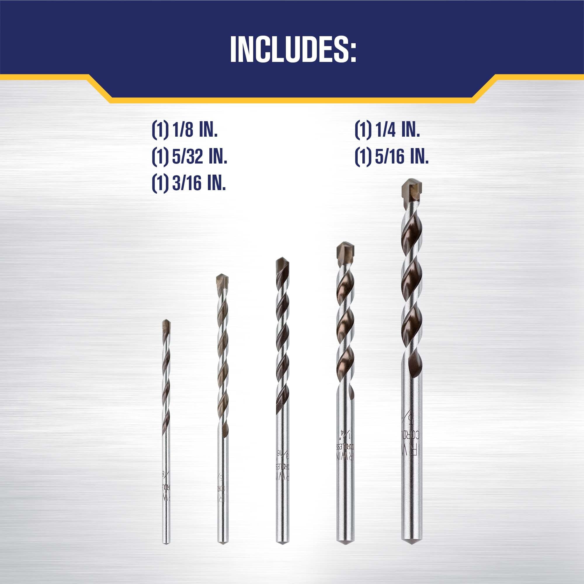 Broca para mampostería de carburo IRWIN Multi-Material de 5 piezas 3/8 pulgadas x 4 pulgadas para taladro rotativo 4935078
