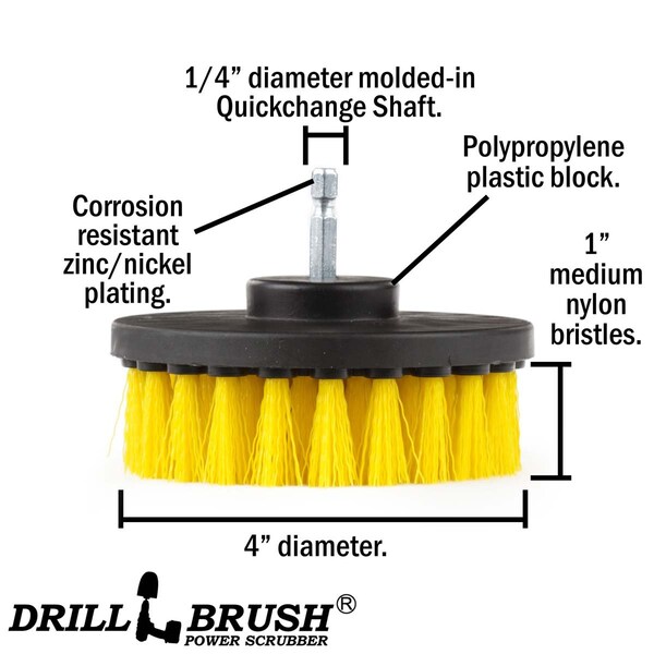 Suministros de limpieza Drillbrush - Cepillo de fregar - Accesorios para baño - Cepillo de taladro - 4IN-LIM-AMARILLO-CORTO-QC
