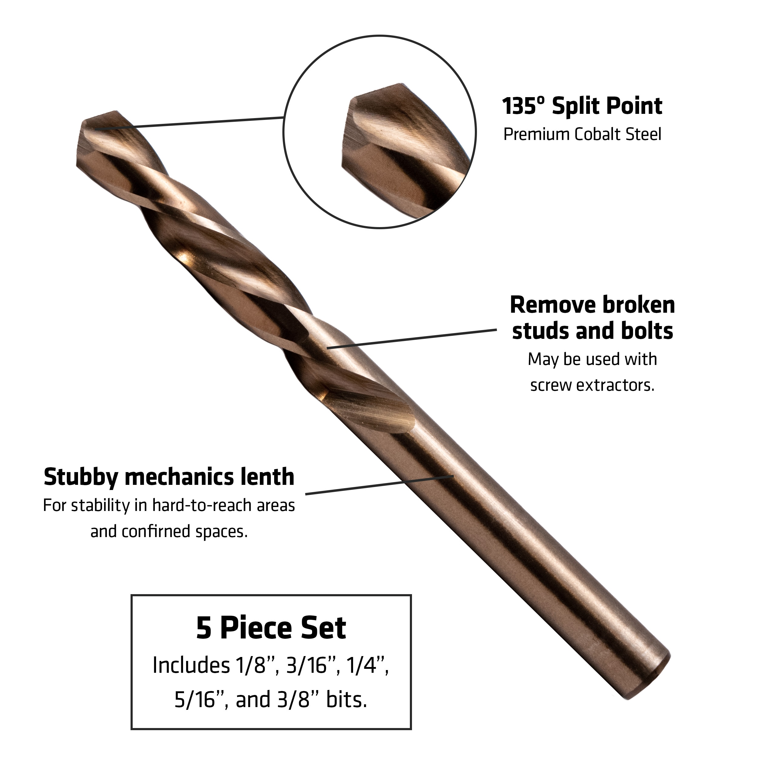 Juego de 5 Brocas de Cobalto para Mecánicos Zurdos de Century Drill & Tool, modelo 74105