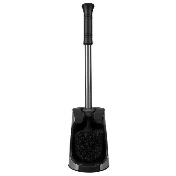 Soporte para cepillo de baño de acero inoxidable cepillado Home Basics, con Caddy compacto antideslizante, color negro - TB41410