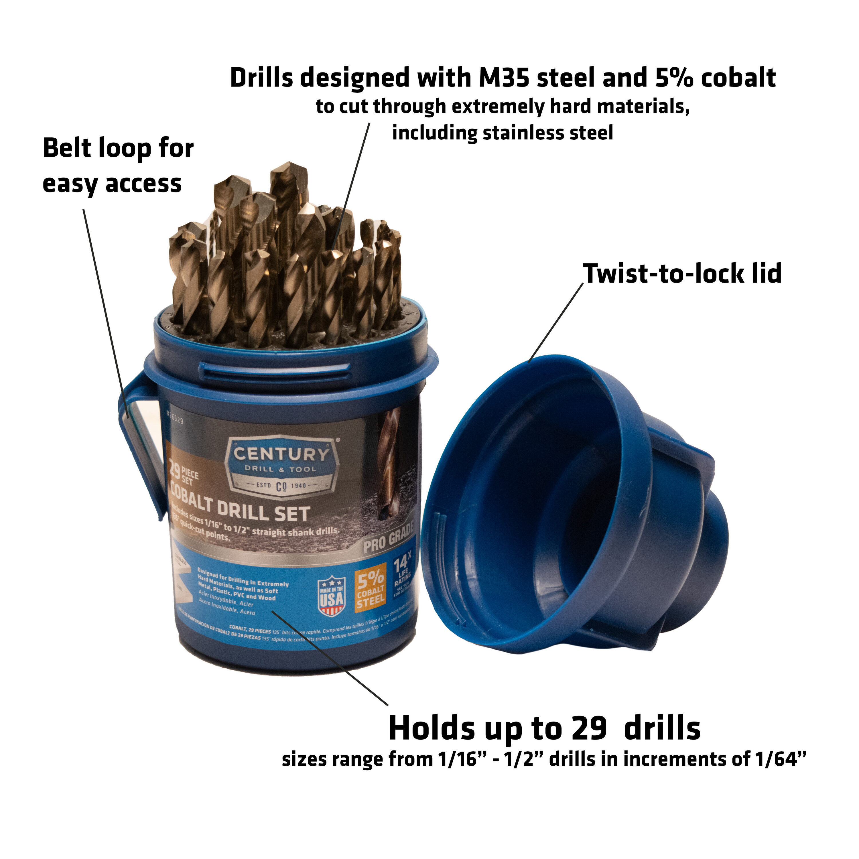 Juego de brocas surtidas de 29 piezas Century Drill & Tool de cobalto para taladro de longitud estándar, modelo 26529.