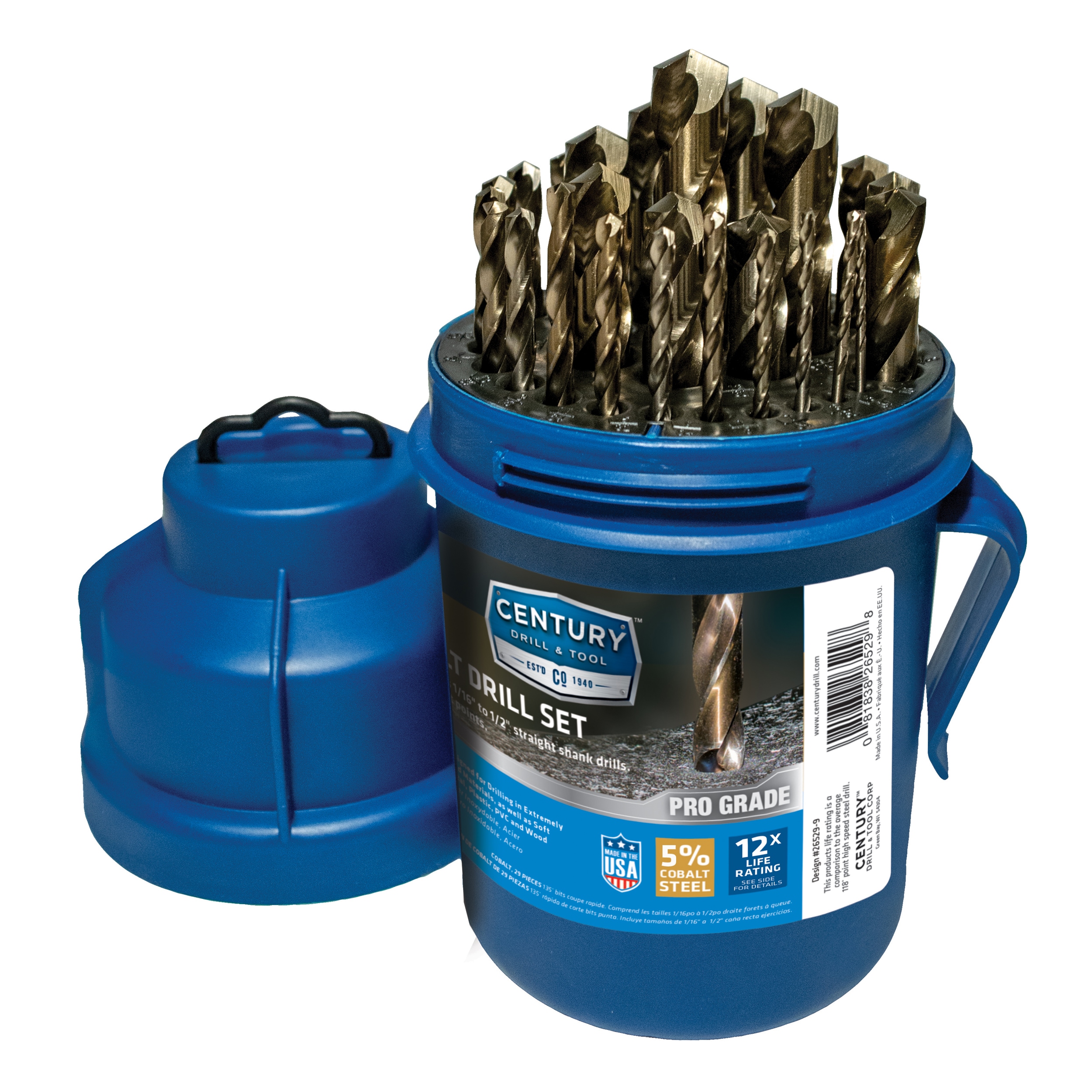 Juego de brocas surtidas de 29 piezas Century Drill & Tool de cobalto para taladro de longitud estándar, modelo 26529.