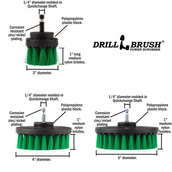 Cepillo Taladro Power Scrubber de Useful Products 5 pulgadas de ancho x 5 pulgadas de largo, verde - G-S-542-QC-DB