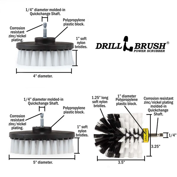 Cepillo de Taladro Power Scrubber de Useful Products 5 in W 7 in L, Blanco - W-S-54O-QC-DB