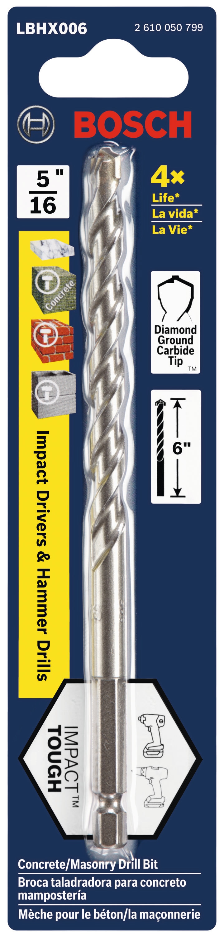 Broca para mampostería de acero de alta velocidad Bosch Impact Tough de 5-1/16 pulgadas x 6 pulgadas para martillo perforador LBHX006