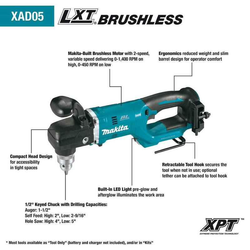 Kit de Taladro Angular Derecho Inalámbrico sin Escobillas de Litio-Ion LXT de 18V Makita 1/2 pulgadas (5.0Ah) - XAD05T