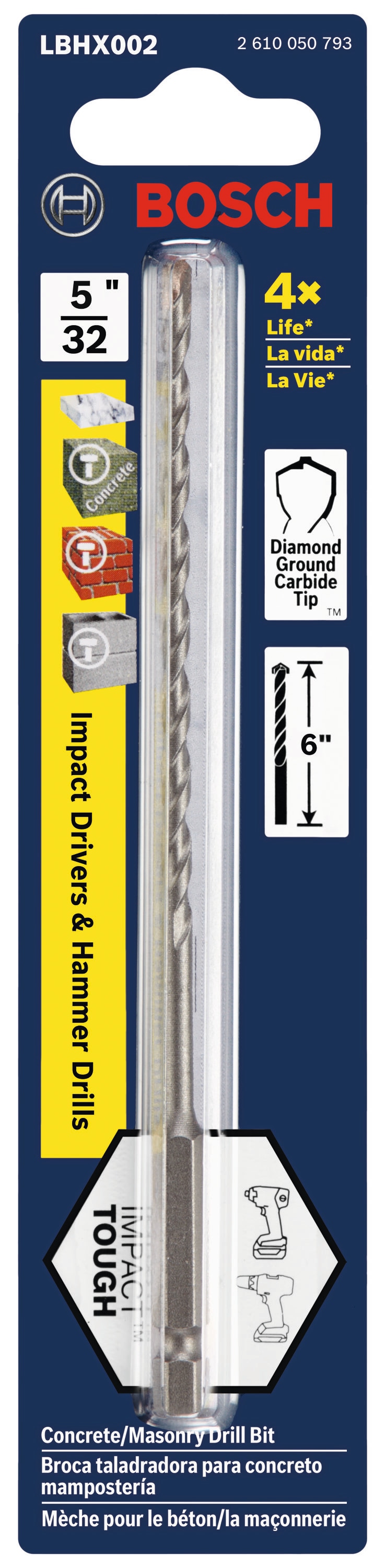 Broca para taladro de percusión Bosch Impact Tough 5/32 pulgadas x 6 pulgadas de acero de alta velocidad LBHX002 para taladro martillo