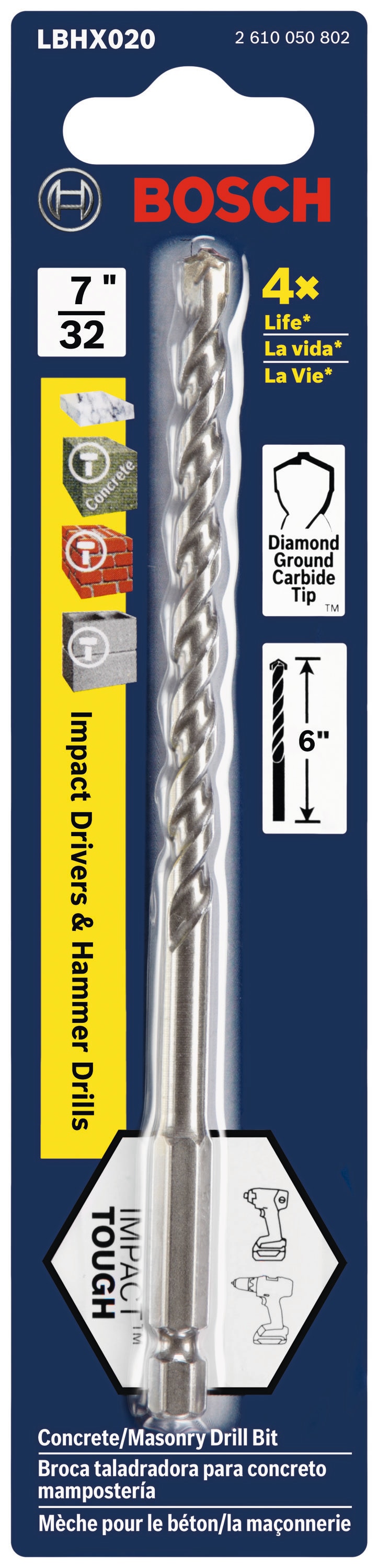 Broca para taladro de percusión de acero de alta velocidad Bosch Impact Tough 7/32 pulgadas x 6 pulgadas LBHX020 para taladro de martillo.