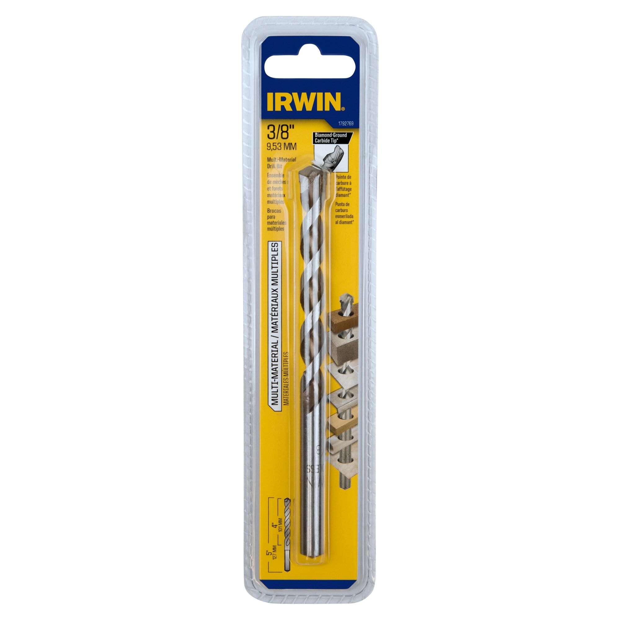 Broca para mampostería de carburo IRWIN Multi-material de 3/8 pulgadas x 5-1/2 pulgadas para taladro rotativo 1792769