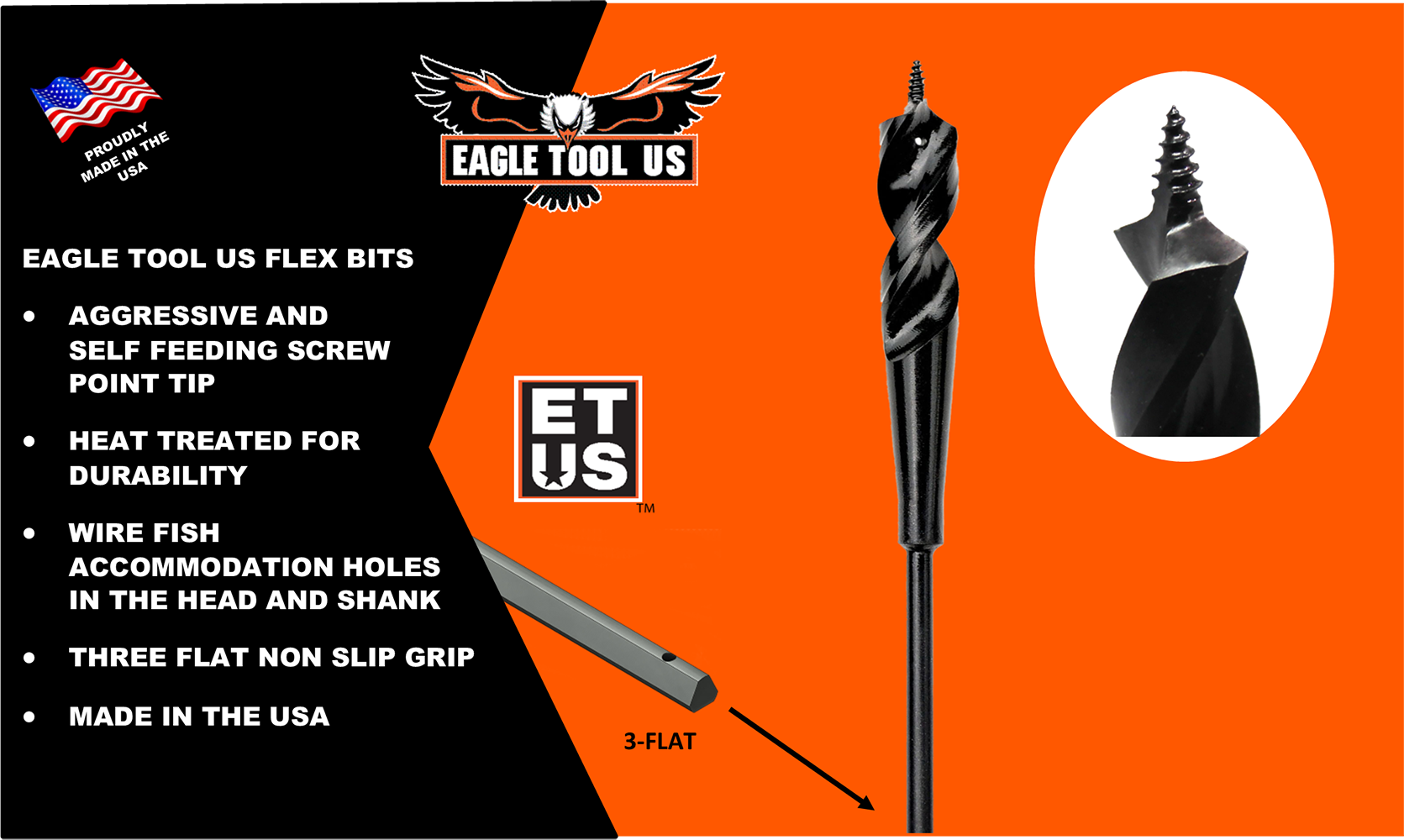 Broca flexible para madera Eagle Tool US Screw Point Flex Bit 3/8 pulgadas x 72 pulgadas - Broca para taladro Woodboring Flex Bit ESP37572