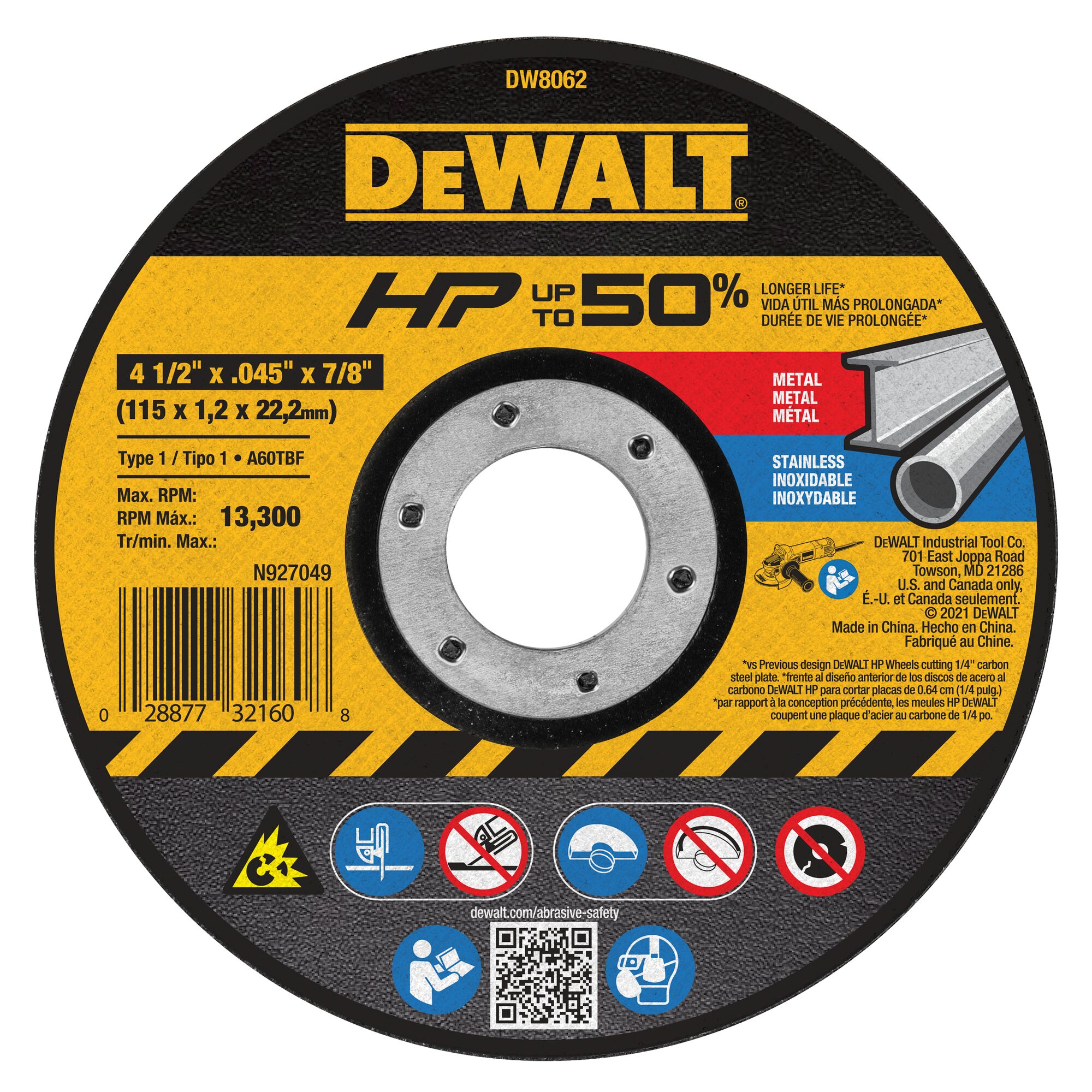 Rueda de corte DEWALT de óxido de aluminio de 4.5 pulgadas DW8062-L