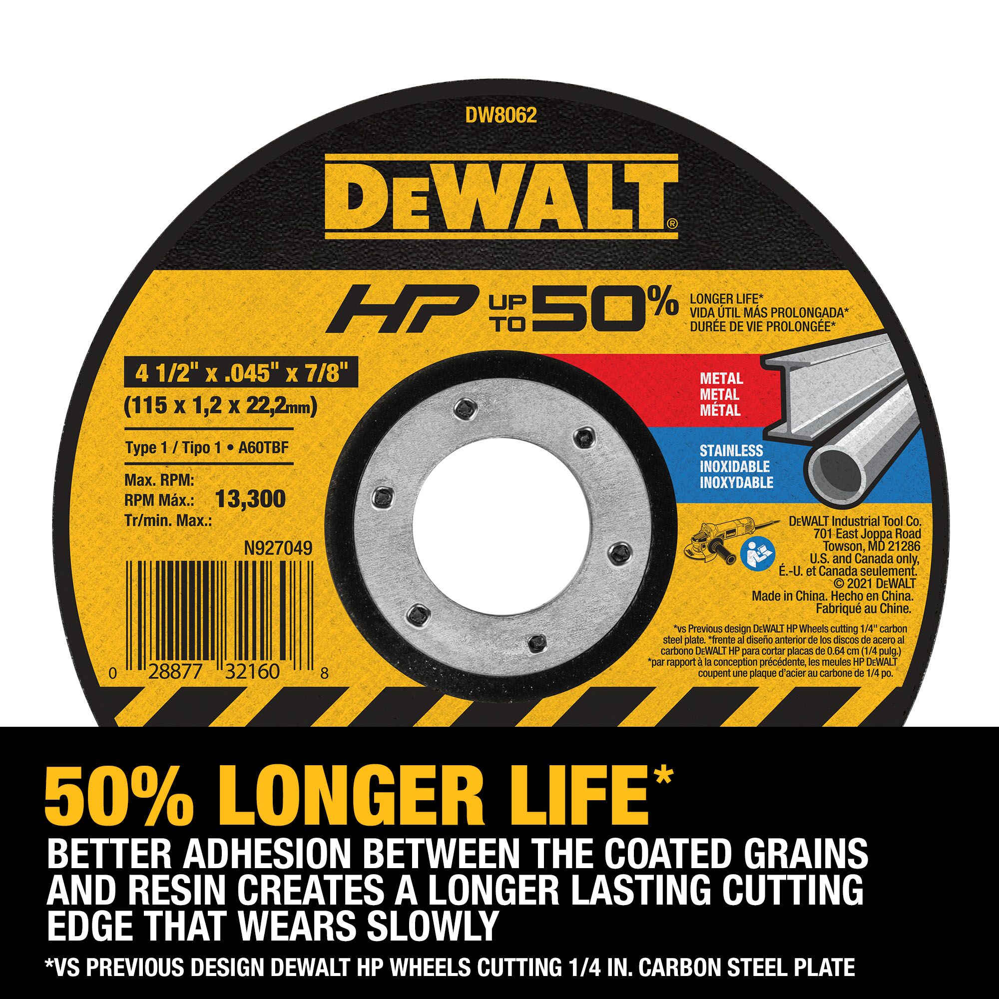 Rueda de corte DEWALT de óxido de aluminio de 4.5 pulgadas DW8062-L