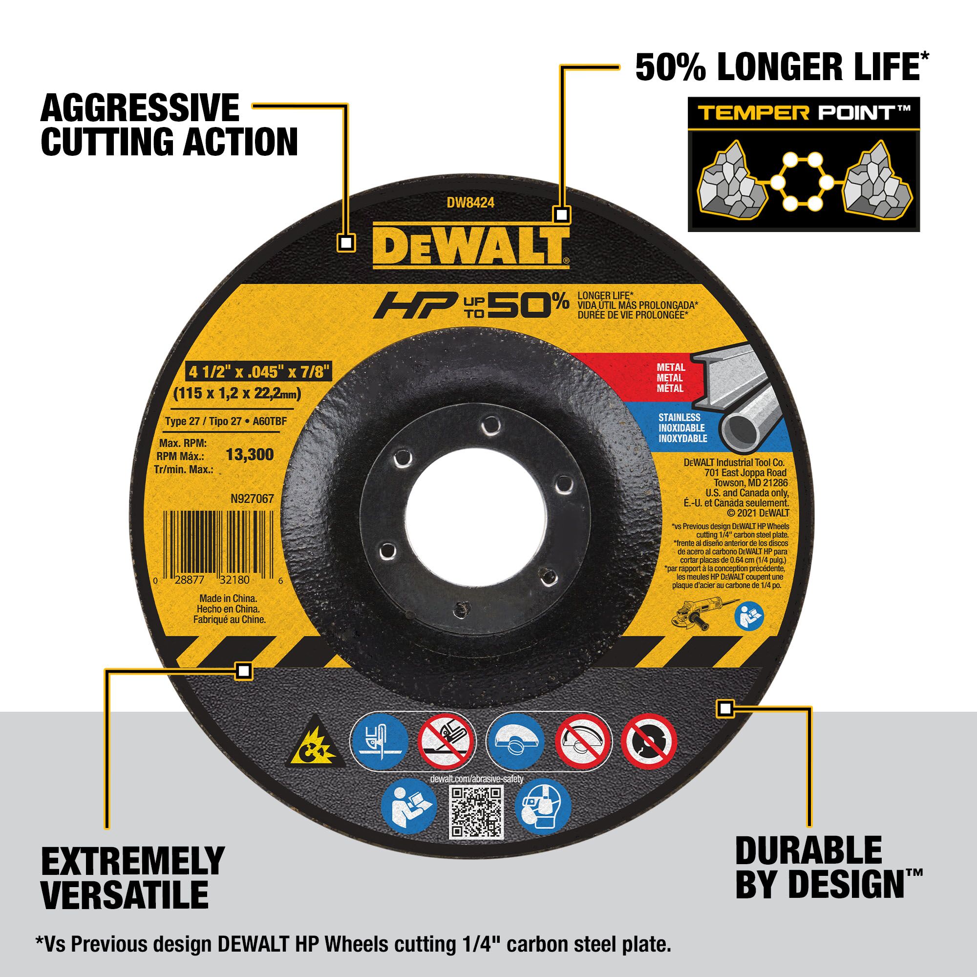 Rueda de corte DEWALT óxido de aluminio de 4.5 pulgadas DW8424-L