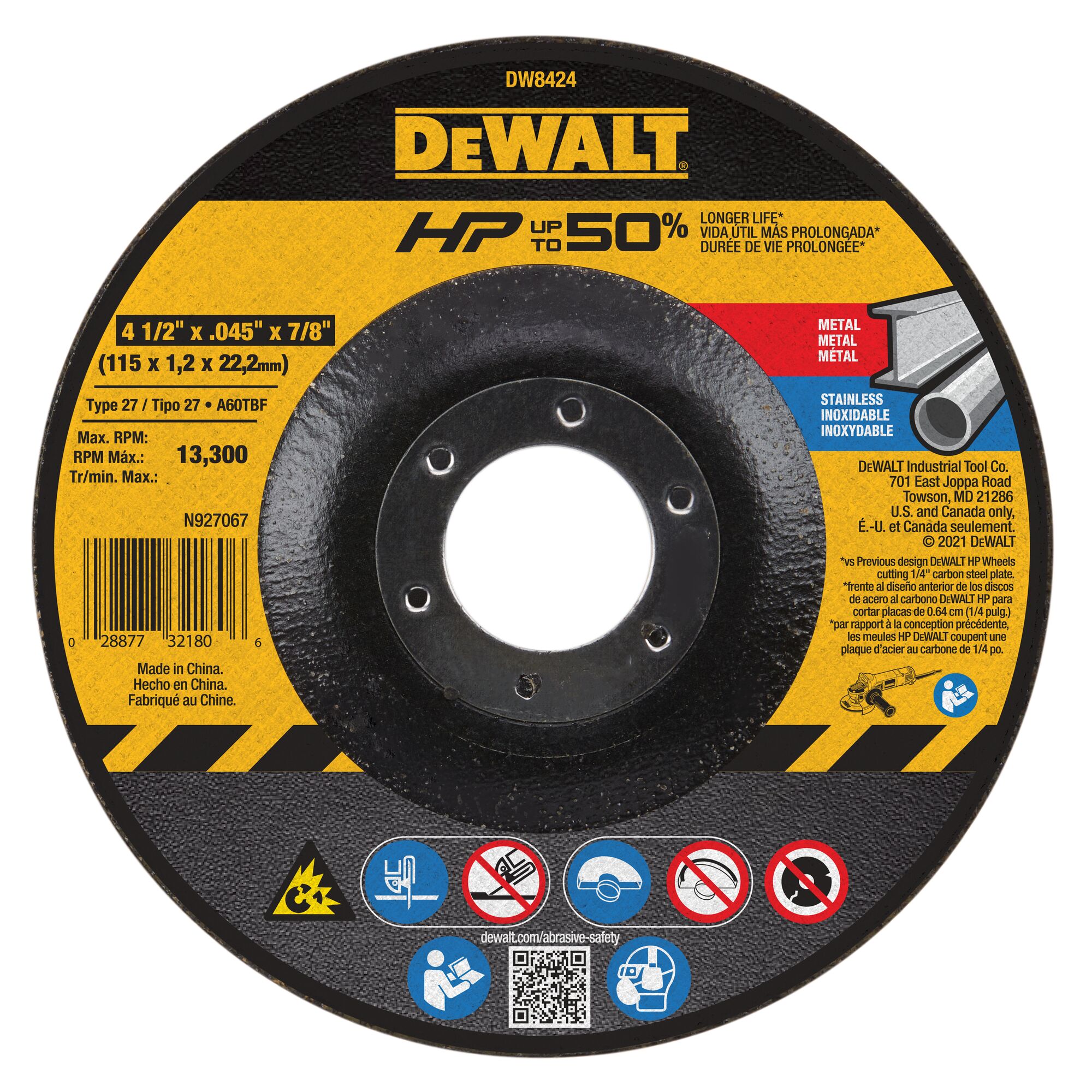 Rueda de corte DEWALT óxido de aluminio de 4.5 pulgadas DW8424-L