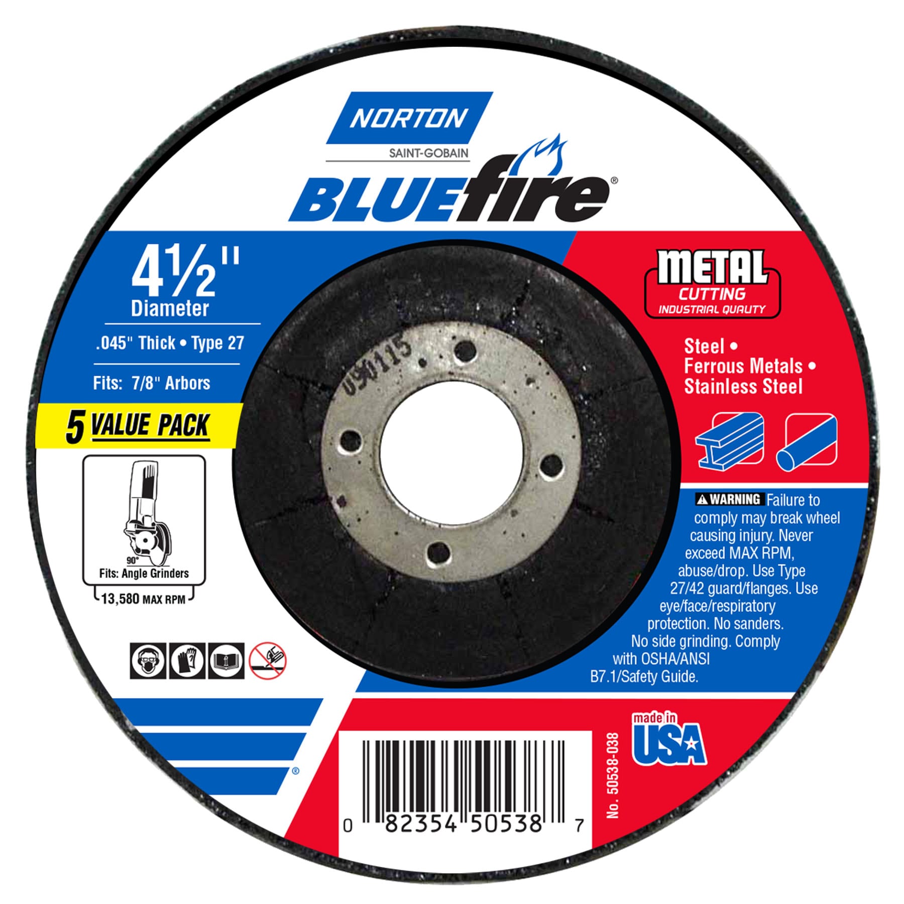 Rueda de corte abrasiva Norton Bluefire 5-Pack de 4.5 pulgadas 50538-038
