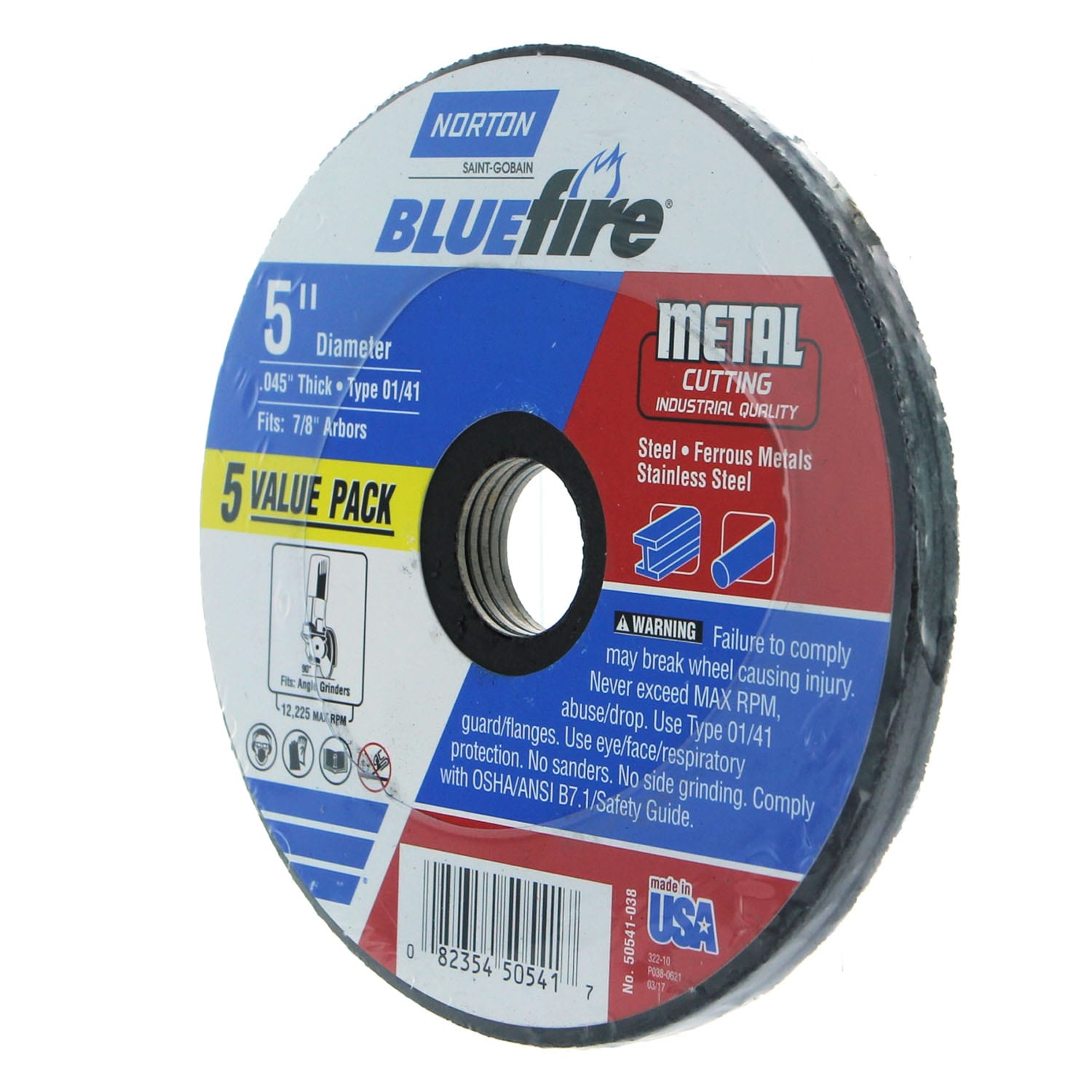 Rueda de corte abrasiva Norton Bluefire de 5 pulgadas, paquete de 5 piezas, modelo 50541-038