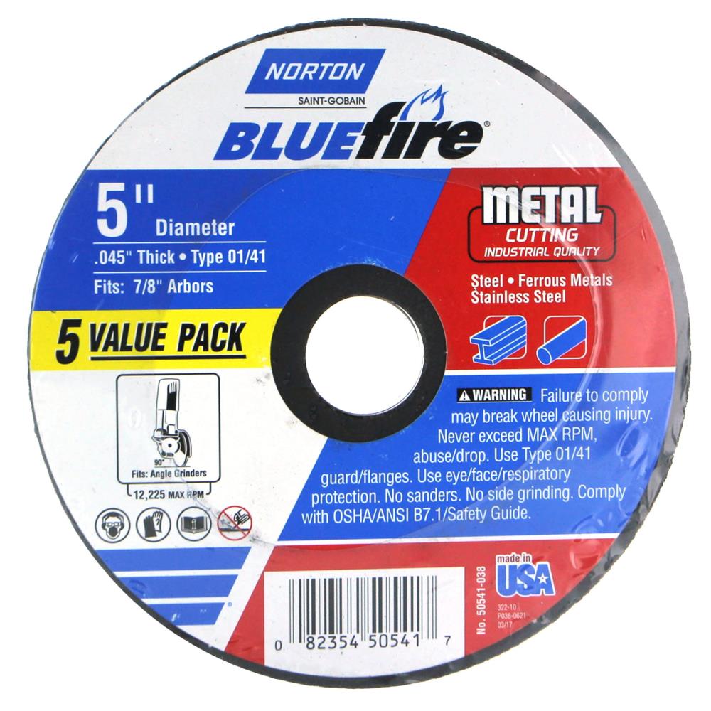 Rueda de corte abrasiva Norton Bluefire de 5 pulgadas, paquete de 5 piezas, modelo 50541-038