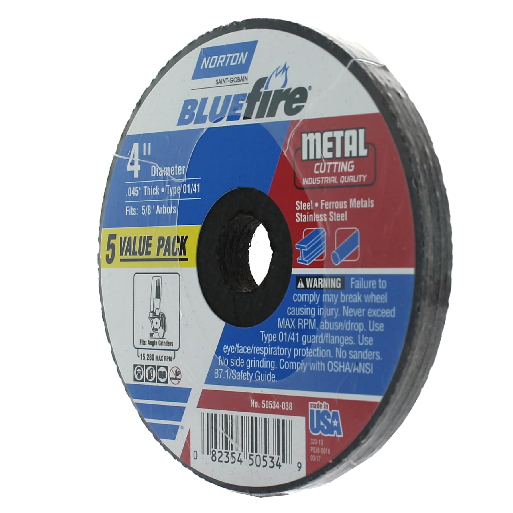 Rueda de corte abrasivo Norton Bluefire 5 -Pack de 4 pulgadas 50534-038
