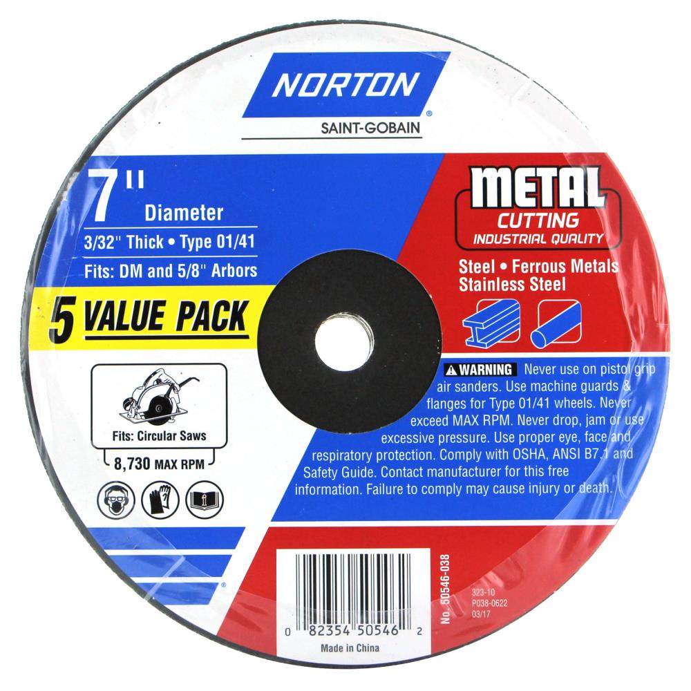 Rueda abrasiva de corte Norton Bluefire de 7 pulgadas, paquete de 5, 50546-038