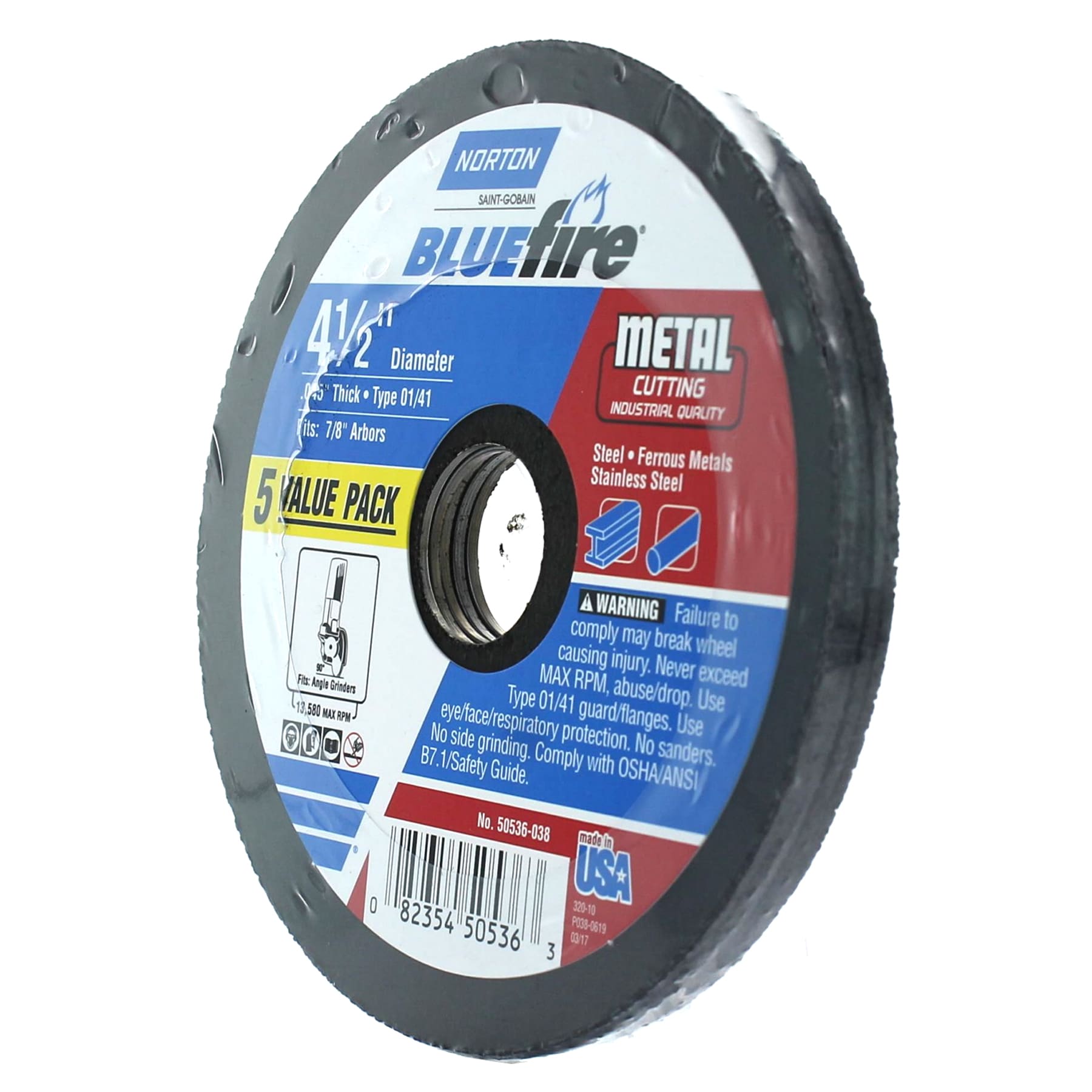 Rueda de corte abrasiva Norton Bluefire de 4.5 pulgadas, paquete de 5, 50536-038