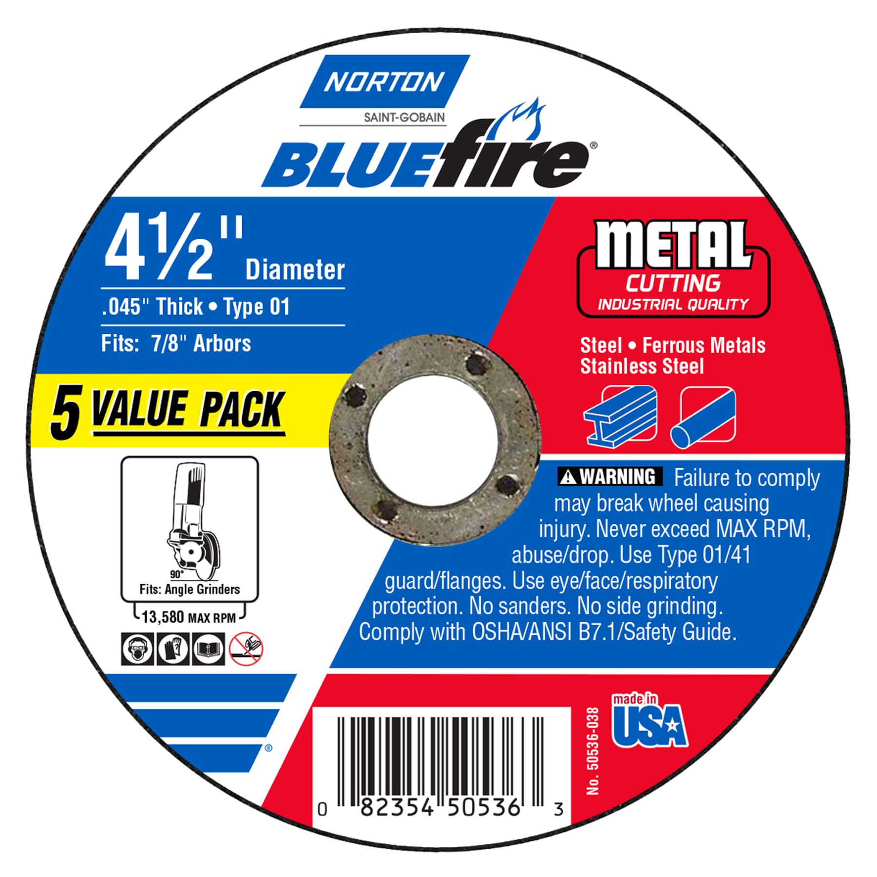 Rueda de corte abrasiva Norton Bluefire de 4.5 pulgadas, paquete de 5, 50536-038