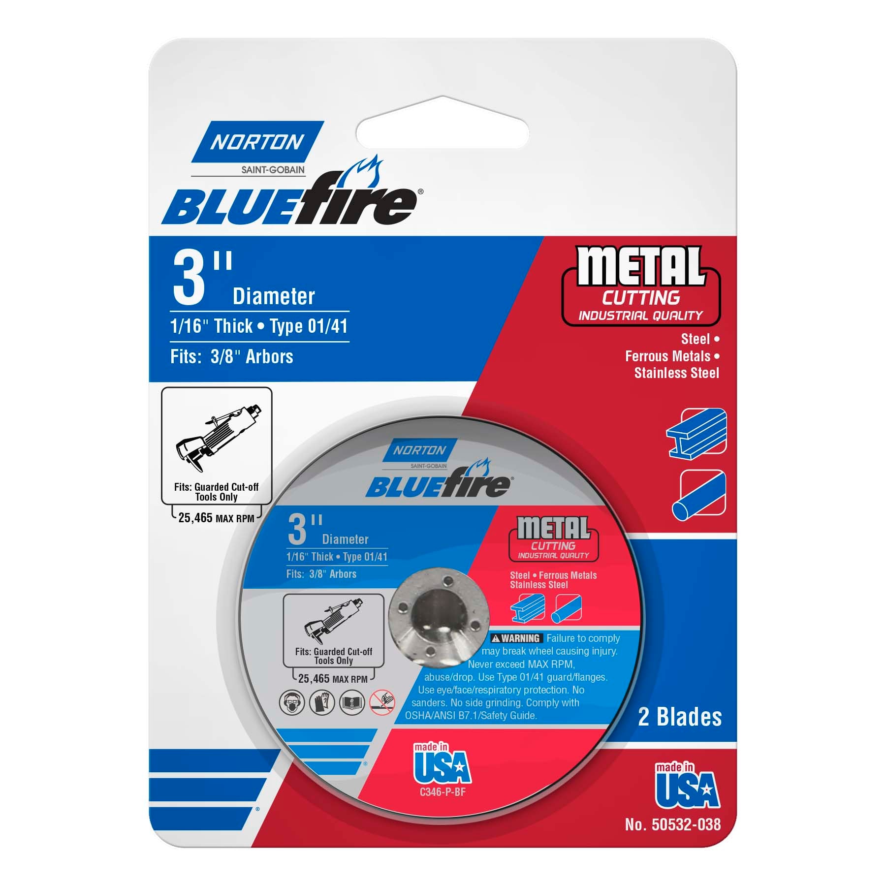 Rueda de corte abrasiva unida de 3 pulgadas Norton Bluefire 2-Pack 50532-038