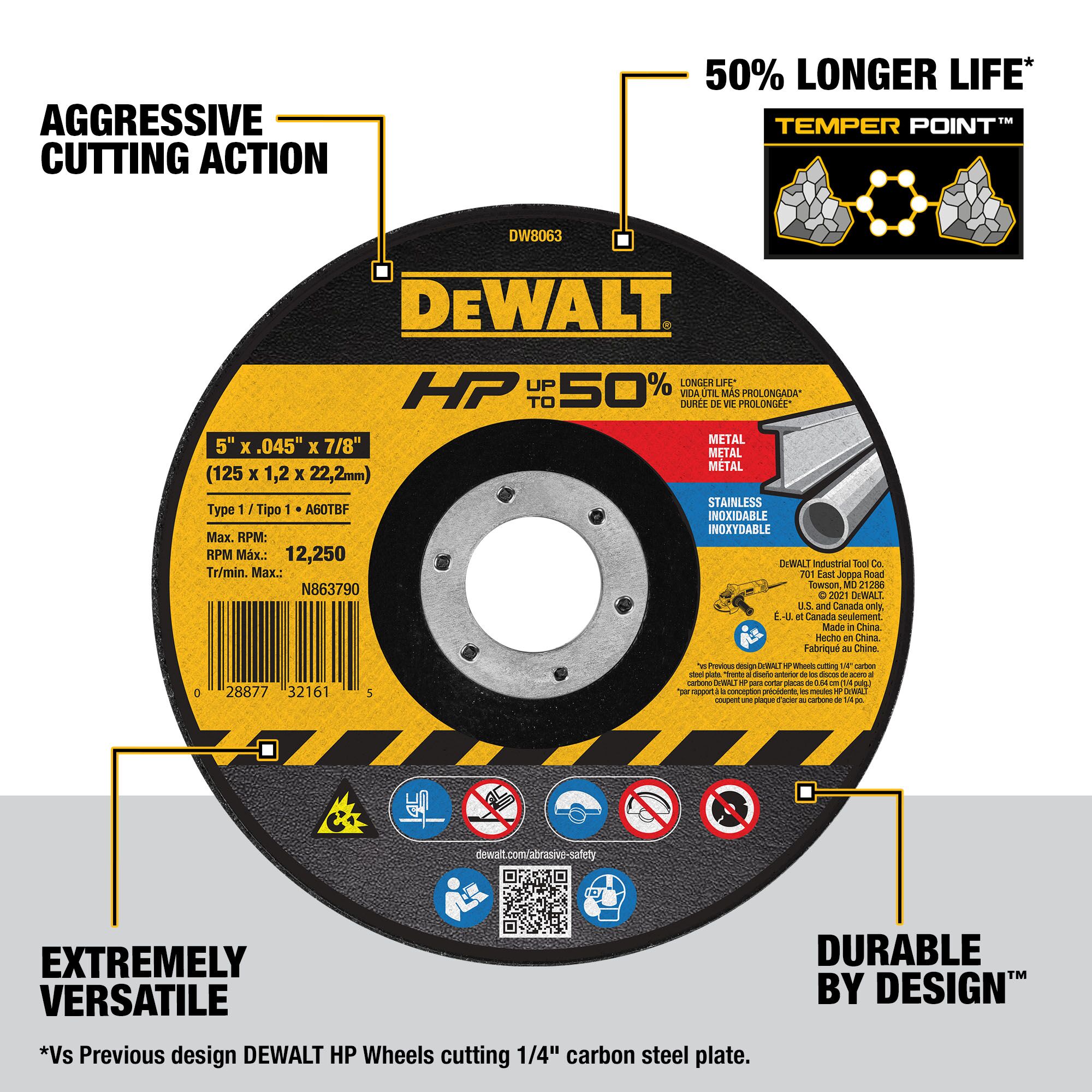 DEWALT HP Rueda de corte multigrado de óxido de aluminio de 5.0 pulgadas - Grit Cut-off wheel DW8063