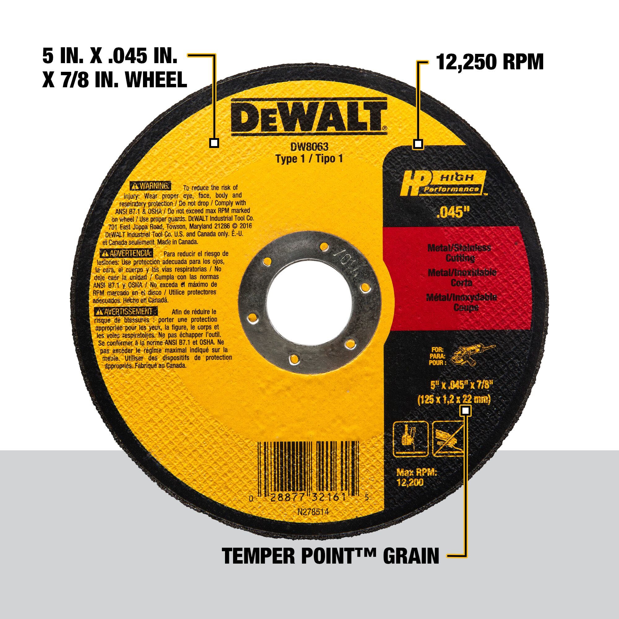 DEWALT HP Rueda de corte multigrado de óxido de aluminio de 5.0 pulgadas - Grit Cut-off wheel DW8063