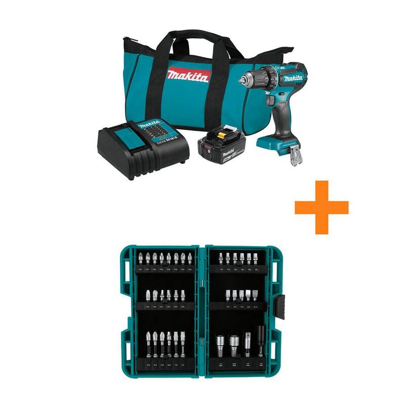 Kit de taladro atornillador inalámbrico Makita 18V LXT de iones de litio sin escobillas de 1/2 pulgadas, 3.0Ah con juego de 35 puntas de impacto Impact XPS - XFD131-E-01666.