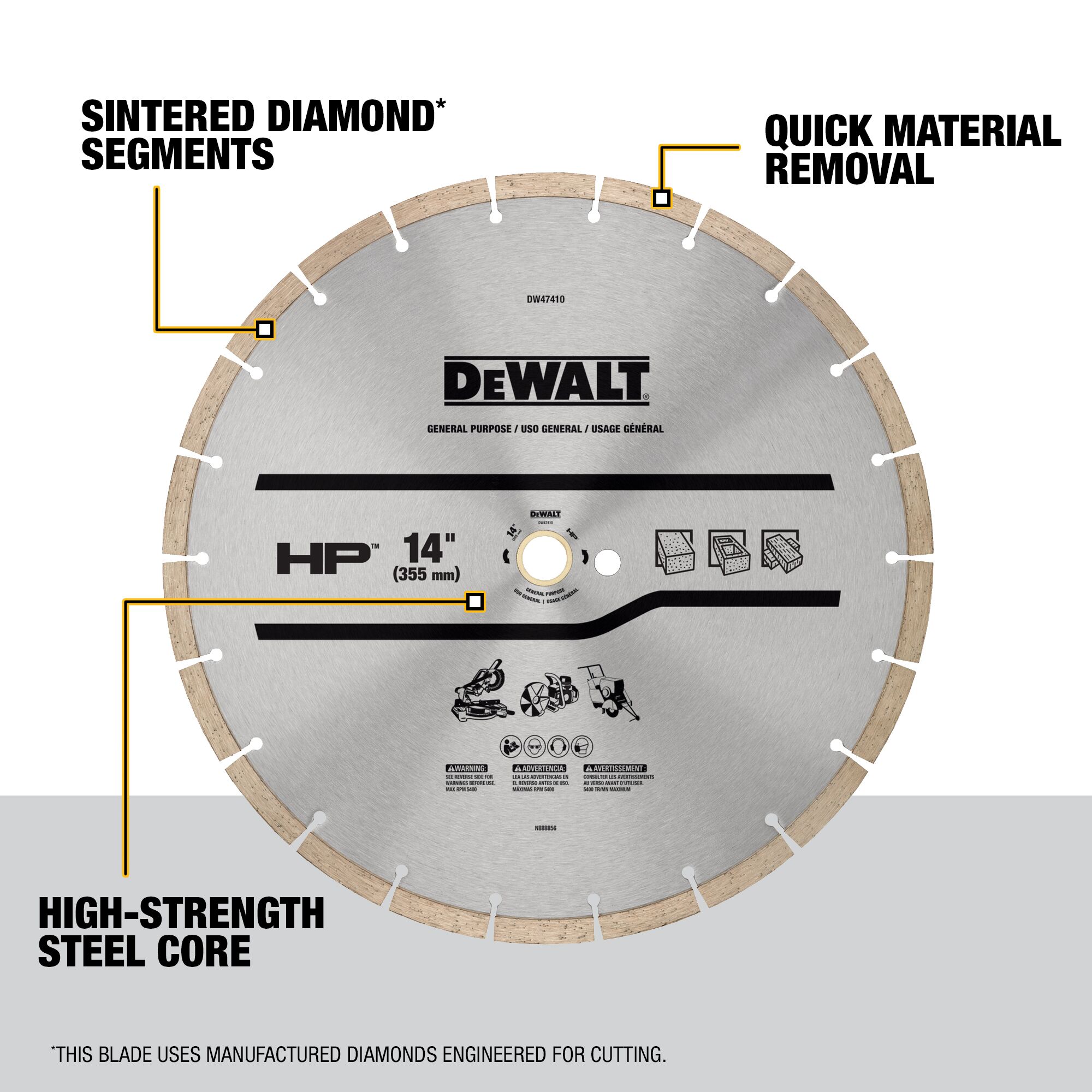 Rueda de corte de diamante DEWALT HP segmentada de 14 pulgadas modelo DW47410