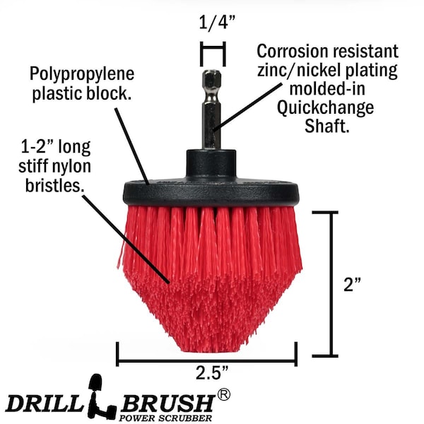 Cepillo de Taladro Power Scrubber de Useful Products 5 pulgadas de ancho 5 pulgadas de largo, Rojo - R-S-542CO-QC-DB