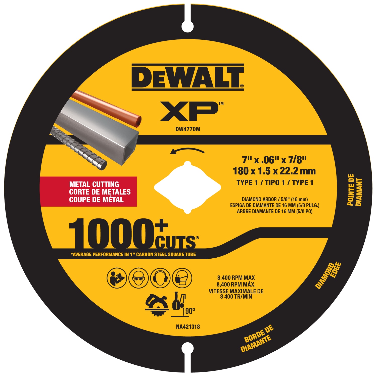 Rueda de corte de diamante DEWALT XP de 7 pulgadas para corte de metal DW4770M