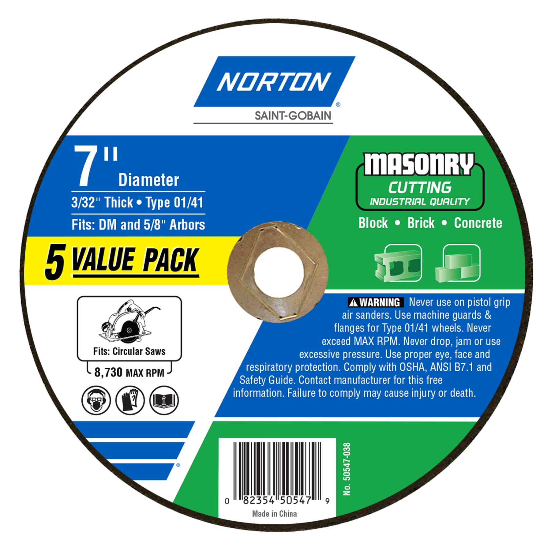 Rueda de corte abrasivo Norton Bluefire de 7 pulgadas, paquete de 5, 50547-038