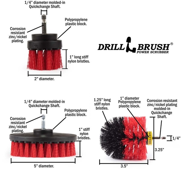 Cepillo taladro Power Scrubber de Useful Products 5 in W 5 in L, color rojo - R-S-52O-QC-DB